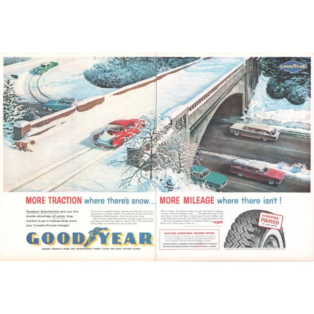 1961 Goodyear Tire 2 Page Vintage Print Ad Winter Snow Tire Interstate Bridge